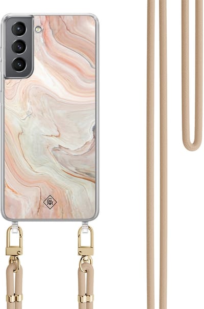 Casimoda® hoesje met beige koord - Geschikt voor Samsung S21 Plus - Marmer Waves - Afneembaar koord - TPU/polycarbonaat - Bruin/beige