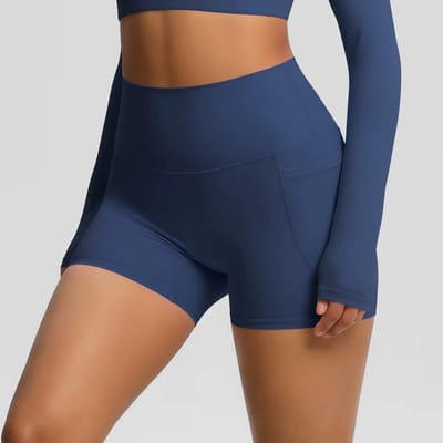 Gym Revolution – Korte Sportlegging dames – Sportbroek dames met zakje – Sportkleding dames – Sport short dames – Hardloopbroek dames kort – High waist sportlegging – Fitness legging dames – Gym short dames – Navy blue - Maat S