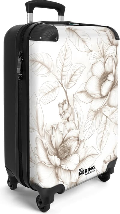 NoBoringSuitcases.com® - Handbagage koffer lichtgewicht - Reiskoffer trolley dames - Wit met beige bloemen - Vakantie rolkoffer met wieltjes - Carryon suitcase - Flightcase - Cabin koffertje - Past binnen 55x40x20 en 55x35x25