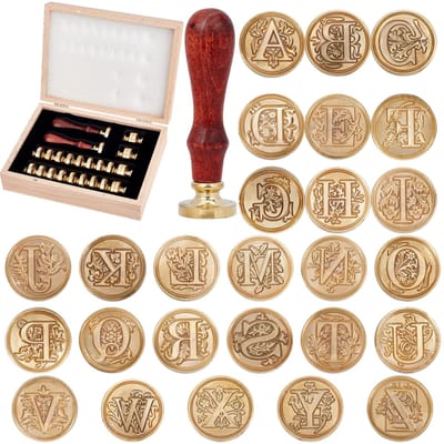 Allecto - Wax Seal Stamp - Alphabet Stempelset - Decoratie voor Post en Kaarten - Gouden - 26 Letters A-Z - Inclusief Houten Handgrepen
