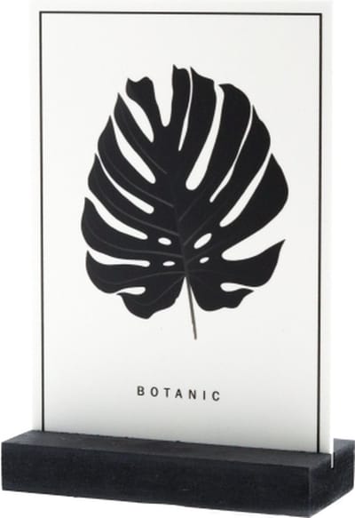 Luxe Kunststofplaatje - "Blad (Botanic)" - Met Houder - 12x17 cm - Forex Bord - Zwart/Wit - Hoogwaardige Kwaliteit - Reclame platen - Horeca Decoratie - Woondecoratie - Wandbord - Duurzaam