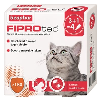 Beaphar fiprotec kat tegen vlooien & teken - 3+1 pipet >1 kg en 8 weken - 1 stuks