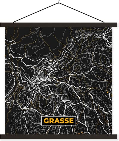 Posterhanger incl. Poster 60x60 cm - Schoolplaat - Grasse - Plattegrond - Frankrijk - Kaart - Stadskaart - Textielposter - Zwarte latten - Stadskaart