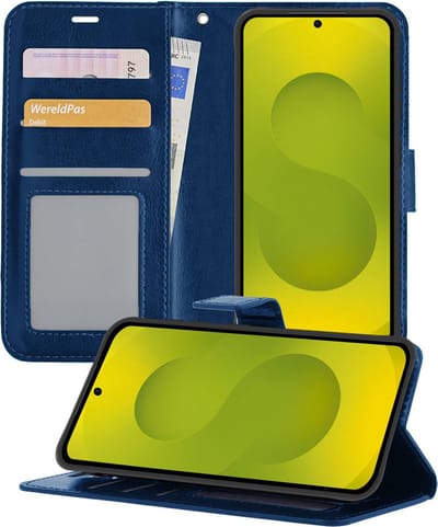 Hoesje - Met Pasjeshouder - Geschikt voor Samsung Galaxy S25 - Luxe Bookcase Portemonee - Flip Case - Kunstleer Book Case - Flipcase - Book Cover - Walletcase - Portemonneehoes - Telefoonhoesjes - Donkerblauw
