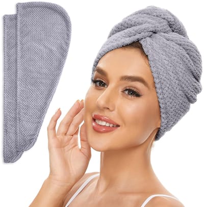 Daity 2 stuks microvezel haarhanddoek - zachte haardroogkap - eenvoudige effen haarhanddoek voor de badkamer - superabsorberende haarhanddoek - anti-kroezige haartulband voor nat haar - badkamerbenodigdheden - badkameraccessoires (grijs)