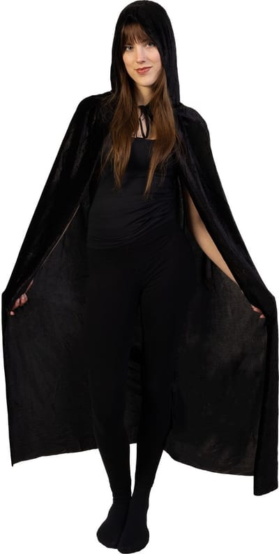 KIMU® Zwarte Cape Kostuum Pak Lange Poncho - Vampier Mantel Heks Tovenaar Verraders Spooky Halloween Eng Creepy Monnik Festival