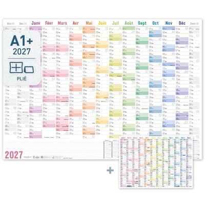 Dailygoods- Wandkalender 2027 A1+ - Gevouwen Muurkalender - 15 Maanden - Kleurgecodeerde Indeling - Hoogwaardig Papier - Inclusief Jaarplanner