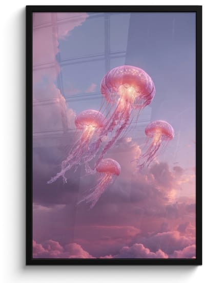 Poster in lijst - Fotolijst 60x90 cm - Posters - Kwallen - Roze - Wolken - Posterlijst zwart - Decoratie - Wanddecoratie woonkamer - Muurdecoratie slaapkamer