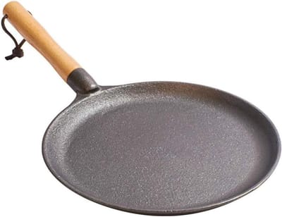 Pannenkoekenpan Gietijzer - Koekenpan Inductie - Ontbijt Bereiden - Beuken Houten Handvat - 22 cm Diameter - Zwart