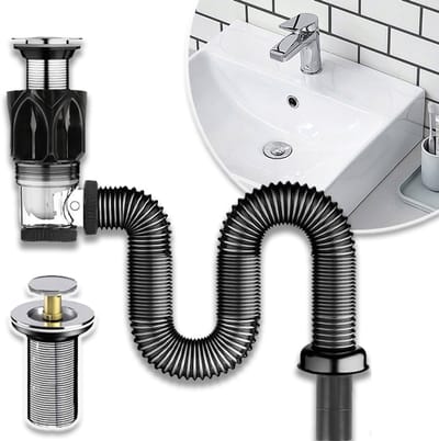 Afvoerset Voor Gootsteen Met Uitschuifbare Flexibele Buis - Pop-Up Met Bolle Kern Geurwerend Apparaat - Lekvrij Roestvrij Staal En ABS - 300-1000 mm Geschikt Voor Gaten Van 3,2-3,8 cm - Zwart