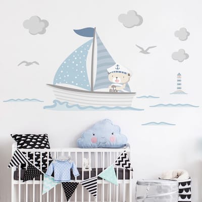 Muurstickers - Teddybeer op zijn boot - Zelfklevende stickers - 70x85cm