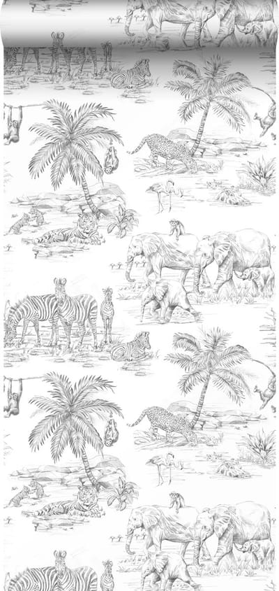 ESTAhome behang jungle dieren zwart wit - 53 cm x 10.05 m - 139299