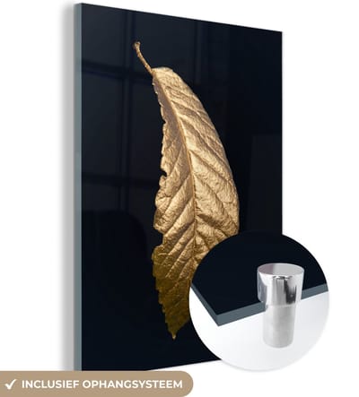 MuchoWow® Glasschilderij 120x160 cm - Schilderij acrylglas - Bladeren - Luxe - Goud - Zwart - Natuur - Foto op glas - Schilderijen