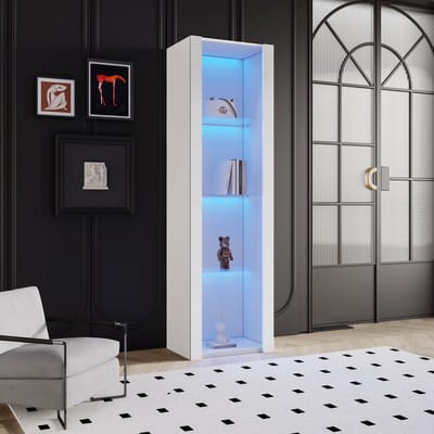 REDOM Vitrinekast 55*38*166 cm van spaanplaat, wit hoogglans met 3 glazen planken en app-gestuurde LED-verlichting