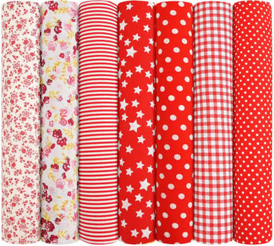 Bedrukte stof – 7-delige katoenen patchworkset – 50 x 50 cm – DIY-katoenstof – Diverse patronen – Vierkante stukken katoenstof – Voor naaien, quilten, patchwork en knutselprojecten – Rood