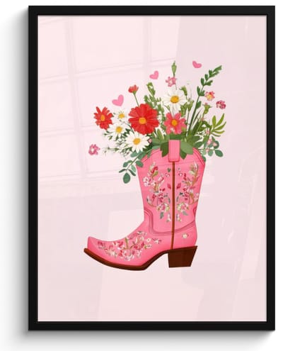 Poster in lijst - Fotolijst 50x70 cm - Posters - Cowboylaarzen - Roze - Boeket - Bloemen - Posterlijst zwart - Decoratie - Wanddecoratie woonkamer - Muurdecoratie slaapkamer
