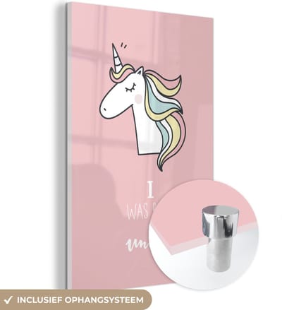 MuchoWow® Glasschilderij 120x180 cm - Schilderij acrylglas - Unicorn - Quotes - Roze - I was born a unicorn - Meisjes - Kind - Foto op glas - Schilderijen
