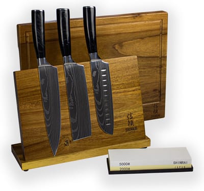 Shinrai Knives 3-delige Messenset Epoxy Onyx Damascus Print - Messen met Messenhouder, Slijpsteen en Snijplank - Compleet en Luxe Messenset voor Elke Keuken - Koksmes - Hakmes - Vleesmes