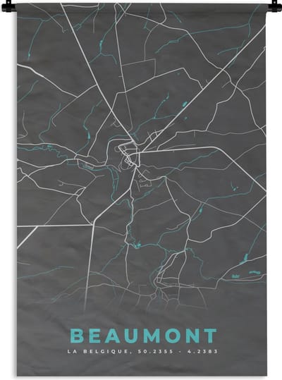 Wandkleed - Wanddoek - Stadskaart – Grijs - Kaart – Beaumont – België – Plattegrond - 120x180 cm - Wandtapijt