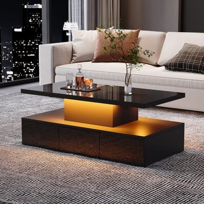 DESMIU Salontafel - Moderne Hoogglans Salontafel Met Led En Lade - Voor Woonkamer En Ontspanning - Spaanplaat - Zwart - 100x50x39 Cm