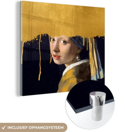 MuchoWow® Glasschilderij 50x50 cm - Schilderij acrylglas - Meisje met de parel - Goud - Vermeer - Foto op glas - Schilderijen