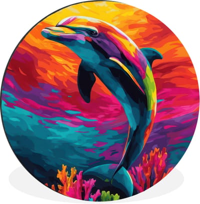 WallCircle - Wandcirkel - Muurcirkel - Dolfijn - Kleurrijk - Oceaan - Koraal - Aluminium - Dibond - 30x30 cm - Binnen en Buiten