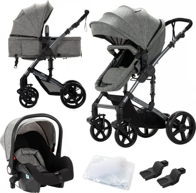 Luxe 3-in-1 Kinderwagen - Wandelwagen - Autostoeltje - Buggy - Reiswieg - Inklapbaar - 0-36 Maanden - Grijs