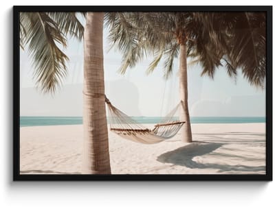 Poster in lijst - Fotolijst 90x60 cm - Posters - Hangmat - Palmbomen - Strand - Zee - Posterlijst zwart - Decoratie - Wanddecoratie woonkamer - Muurdecoratie slaapkamer