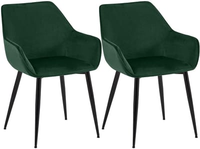 CLP Luena Set van 2 eetkamerstoelen - met armleuning - zwart metalen frame - tot 150 kg belastbaar - Fluweel/groen