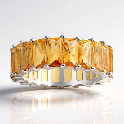 Cavill - Ring 925 Sterling Zilver Gerhodineerd - 5,89 Karaat Braziliaanse Citrien - Brede Stralende Citrienring met Baguette Slijpsel - Luxe Sieraden