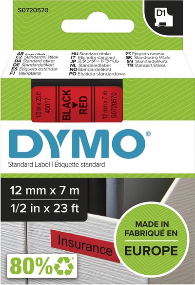 DYMO originele D1 labels | Zwarte Tekst op Rood Label | 12 mm x 7 m | zelfklevende etiketten voor de LabelManager labelmaker | gemaakt in Europa
