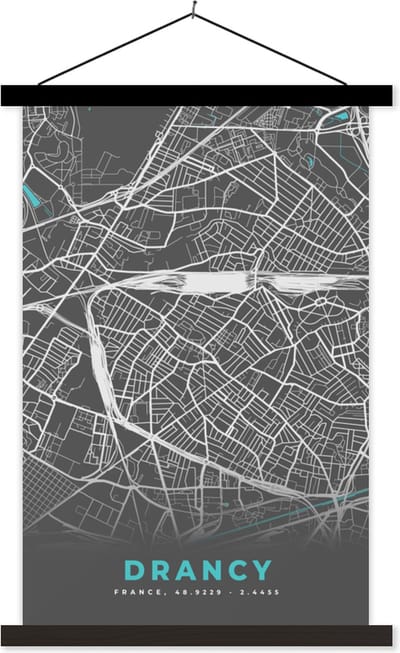 Posterhanger incl. Poster 40x60 cm - Schoolplaat - Drancy - Frankrijk - Plattegrond - Kaart - Stadskaart - Textielposter - Zwarte latten - Stadskaart