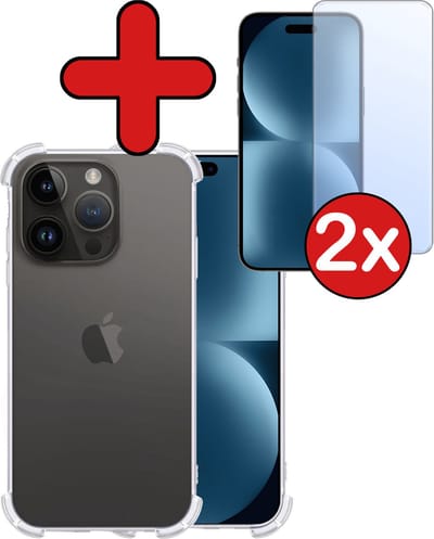 Hoesje - Met Screenprotector - 2 Stuks - Geschikt voor Apple iPhone 15 Pro - Sterk & Shockproof - Back Cover - Siliconen Case - Telefoon Hoes - Shock Proof - Telefoonhoes - Transparant
