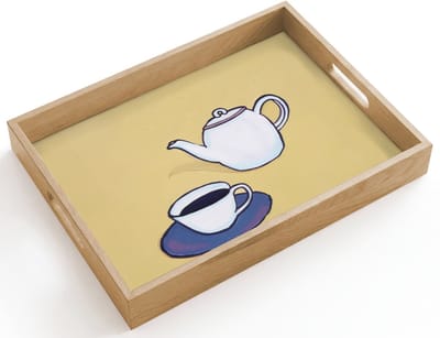 Dienblad hout 40x30 cm - Schootdienblad - Theepot - Kopje - Beige - Illustratie - Borrelplank rechthoek - Plateau dienbladen