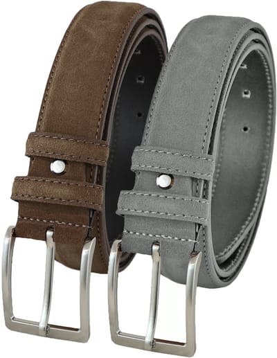 Landley Suede Pantalon Riemen Set - Suède Leren Heren Riemen Duopack - Leer - Bruin en Grijs - Lengte totaal 100 cm / Riemmaat 85