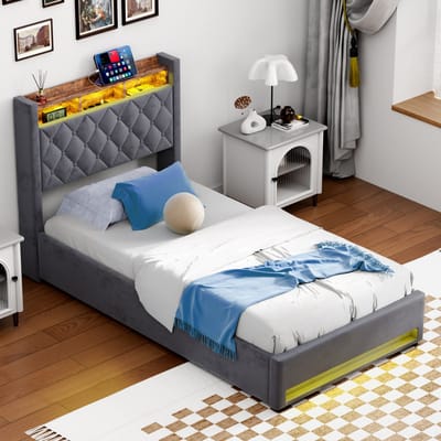 HAUSS SPOLE Gestoffeerd bed 90×200 cm -Eenpersoonsbed Met Opbergruimte-Voor Moderne Slaapkamers-Voor Jongeren En Volwassenen-Met USB & LED-verlichting - Opbergruimte Boxspring Block -Donkergrijs