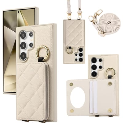 Crossbody Leren Ring Telefoonhoesje voor Samsung Galaxy S25 S24 Ultra S23 S22 Plus Spiegel Portemonnee met Kaarthouder Beschermhoes Galaxy S23 Ultra