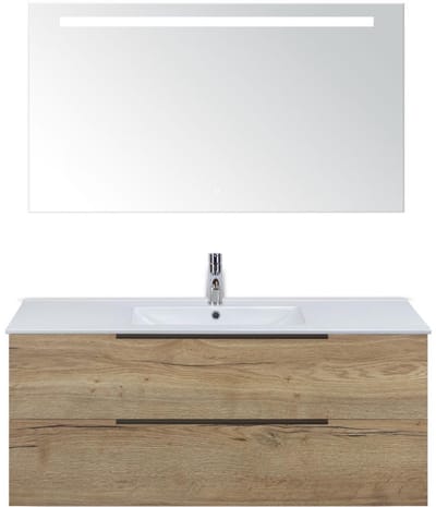 Seville Badmeubelset 120 cm - 2 Laden Natuur Eik Edge - Wastafel Enjoy Enkel met Sence Spiegel