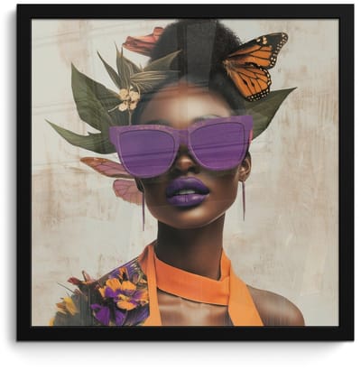 Poster in lijst - Fotolijst 40x40 cm - Posters - Vrouw - Zonnebril - Vlinder - Bloemen - Posterlijst zwart - Decoratie - Wanddecoratie woonkamer - Muurdecoratie slaapkamer