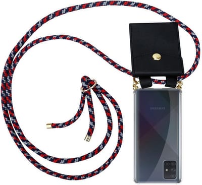 Cadorabo Hoesje geschikt voor Samsung Galaxy A51 4G / M40s in ROOD BLAUW WIT - Silicone Mobiele telefoon ketting beschermhoes met gouden ringen, koordriem en afneembare etui