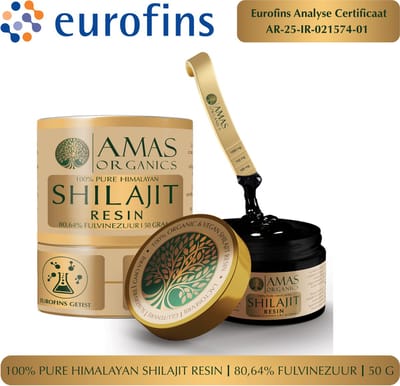 AMAS ORGANICS | 100% PURE HIMALAYAN SHILAJIT RESIN | VEGAN | PUUR EN NATUURLIJK | 50 G | 89,17% FULVINEZUUR | RECYCELBARE GLAZEN POT | EUROFINS ANALYSE CERTIFICAAT AR-258-2026-00016857-01 MEEGESTUURD BIJ ELKE BESTELLING.