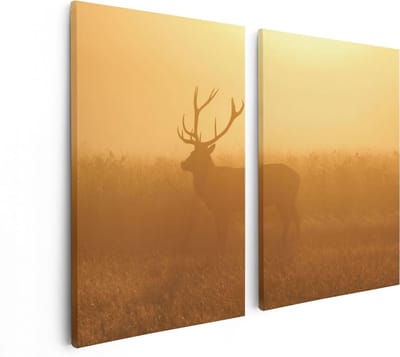 Artaza Canvas Schilderij Tweeluik Hert Tijdens De Mist - 80x60 - Foto Op Canvas - Canvas Print