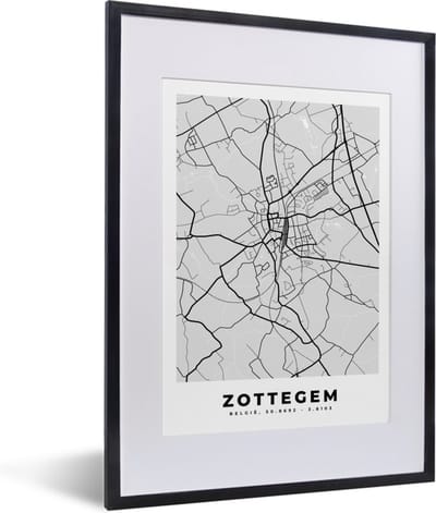 Fotolijst incl. Poster Zwart Wit- België – Zottegem – Stadskaart – Kaart – Zwart Wit – Plattegrond - 30x40 cm - Posterlijst