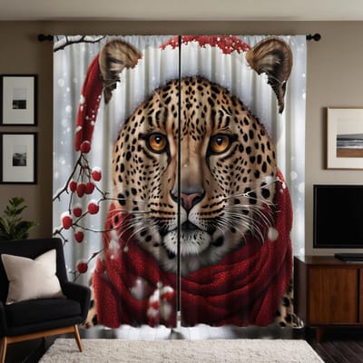 Ensemble de 2 pièces Rideau décoratif HD Léopard avec chapeau de Père Noël Cordon jaune rideau imprimé numérique Style Décoration de maison Décoration liv W52H63inchW132H160cm white