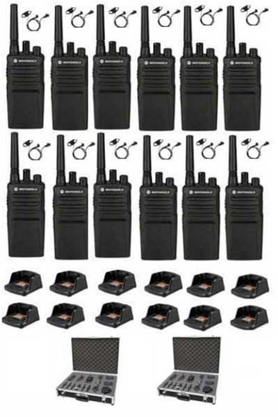 Set van 12 Motorola XT420 UHF IP55 PMR446 Portofoon met laders D-shape oortje en koffer