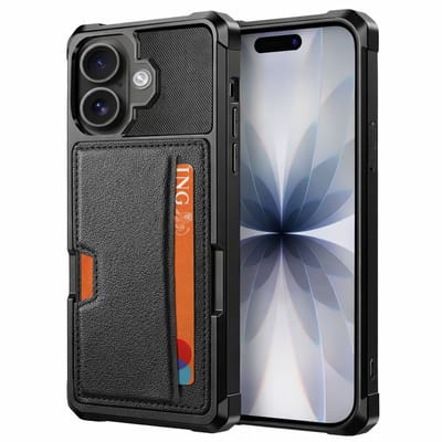 Pasjes houder Hoesje geschikt voor iPhone 17 - Kaarthouder - Heavy Duty Case - Magnetisch Portemonnee Hoesje Cover - Zwart