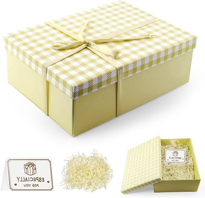 Cadeaubox met Deksel 25 x 18 x 8.5 cm, Inclusief Strikken, Wenskaarten en Raffia voor Verjaardagen, Bruiloften, Kerst en Valentijnsdag (Geel)