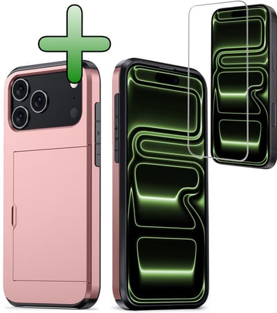 Hoes Geschikt voor iPhone 17 Pro / 18 Pro Hoesje Hard Case Met Pas Houder Met Screenprotector - Hoesje Geschikt voor iPhone 17 Pro / 18 Pro Hoes Shockproof Hard Cover Met Kaarthouder - Rosé goud