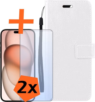Hoes - Met 2x Screenprotector - Geschikt voor Apple iPhone 15 - Luxe Pasjeshouder - Bookcase Portemonee - Flip Case - Kunstleer Book Case - Flipcase Hoes - Book Cover - Walletcase - PortemonneeHoes - Wit