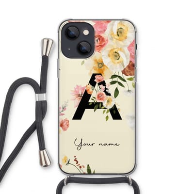 Gepersonaliseerd - Case Company® - Hoesje met koord geschikt voor iPhone 13 mini hoesje met Koord - Flirty Flowers Monogram - Telefoonhoesje met Zwart Koord - Extra Bescherming aan alle Kanten en Over de Schermrand